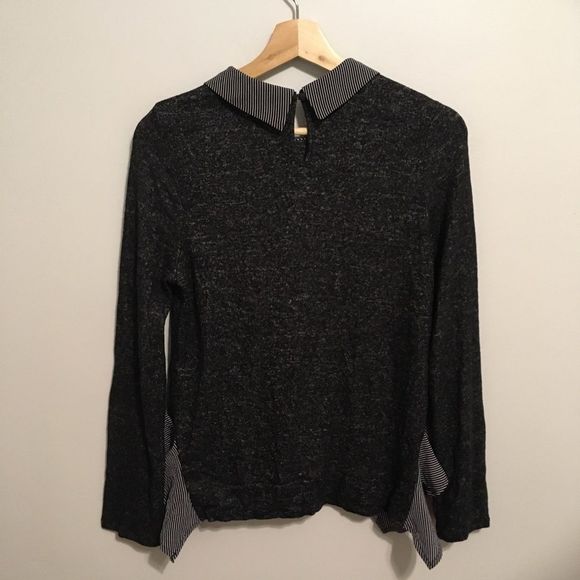 Monteau Gray Striped Collared Soft Top Size Large - Picture 3 of 3